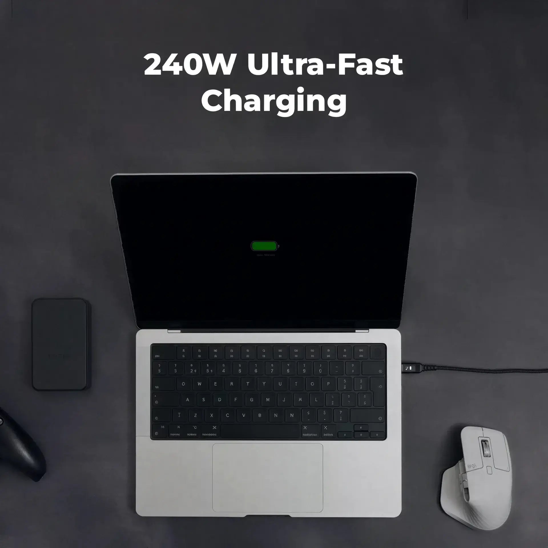 Volta MAX cable connected to a laptop, displaying 240W ultra-fast charging on a dark background.