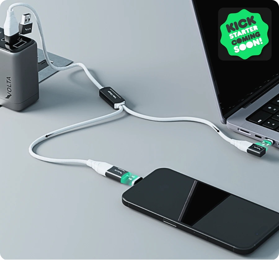 Volta MAX Lite dual magnetic cable charging phone and earbuds on desk
