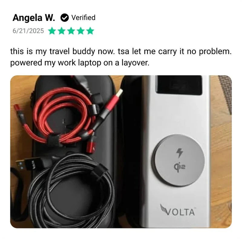 Review from Angela W: travel buddy, TSA approved, powered my work laptop on a layover