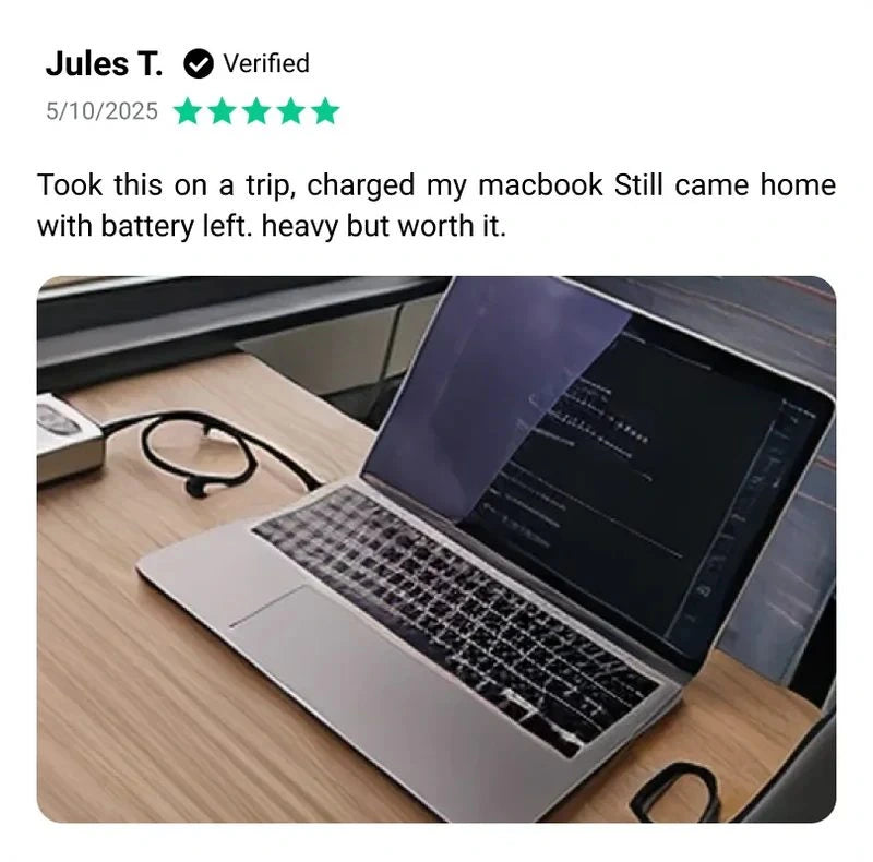 Review from Jules T: took this on a trip, charged my macbook, still came home with battery left