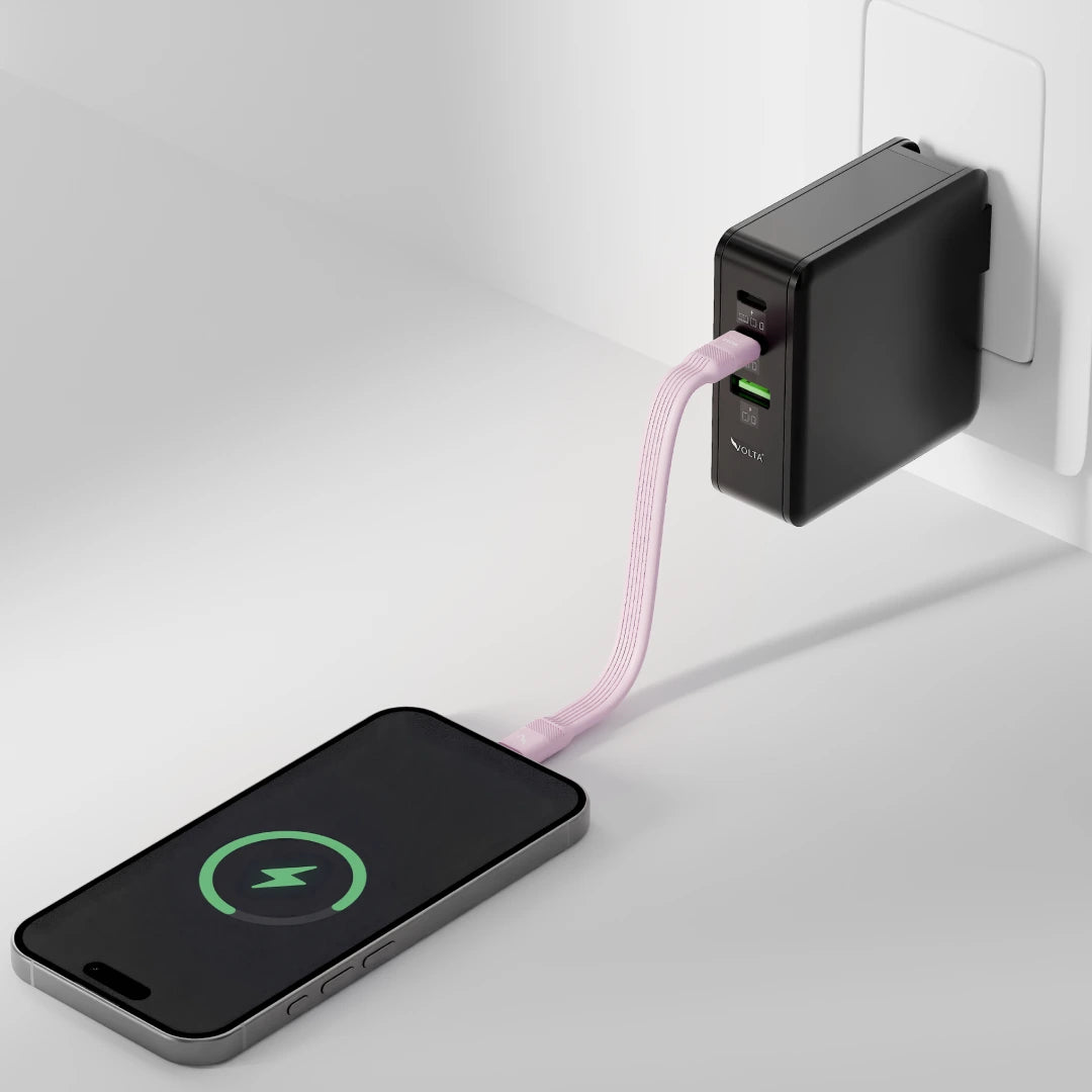 Phone being charged by a power bank on a white background using the volta zero cable