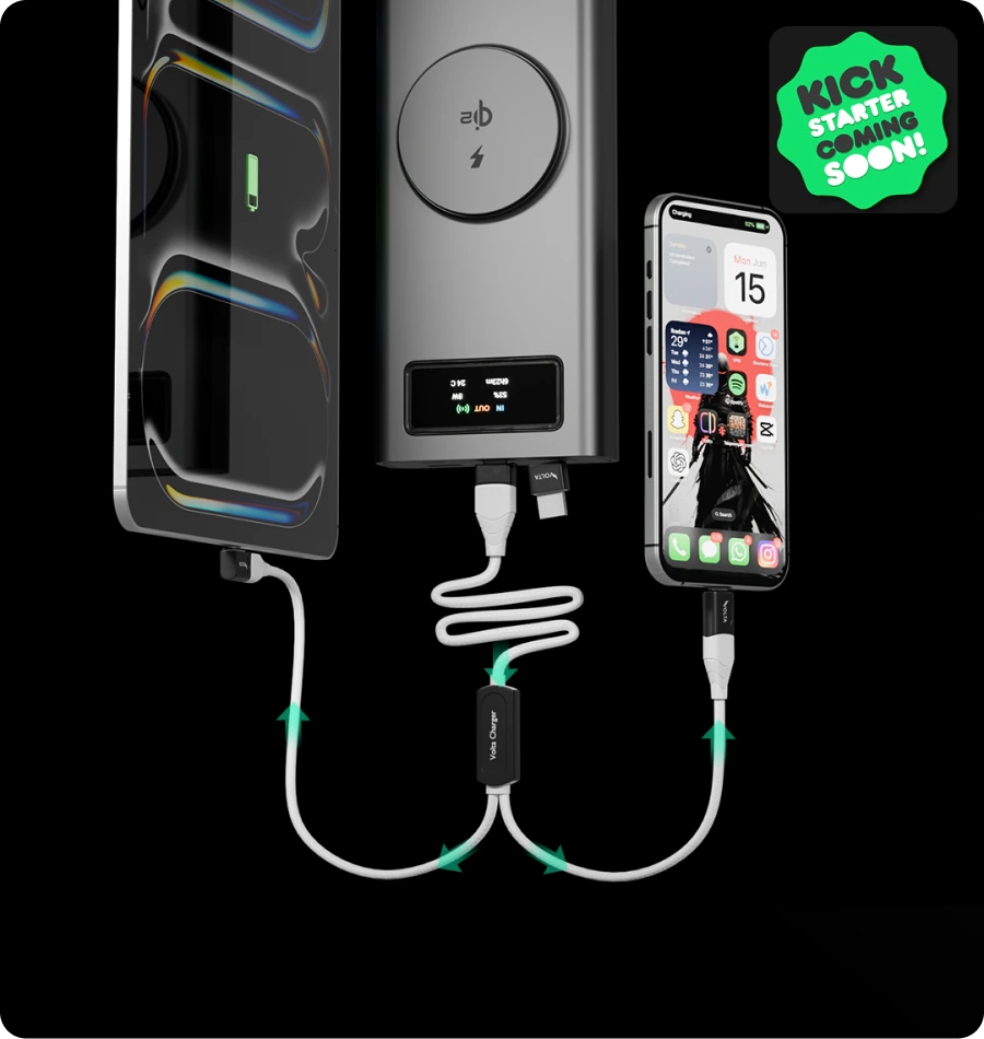 Volta MAX Lite dual magnetic cable charging phone and earbuds on desk