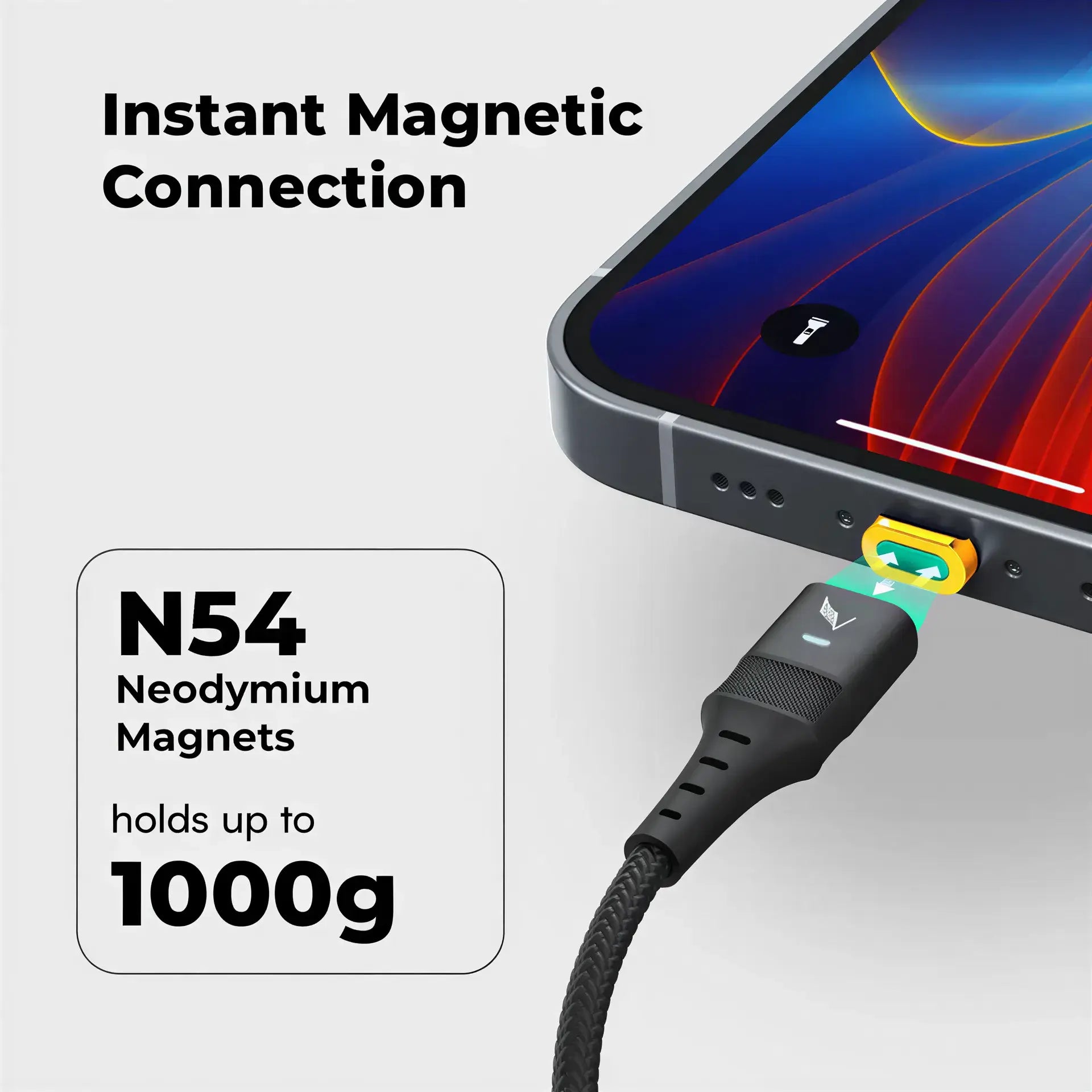 Volta MAX Cable with magnetic connection, featuring a black connector and colorful magnet, attached to a smartphone.