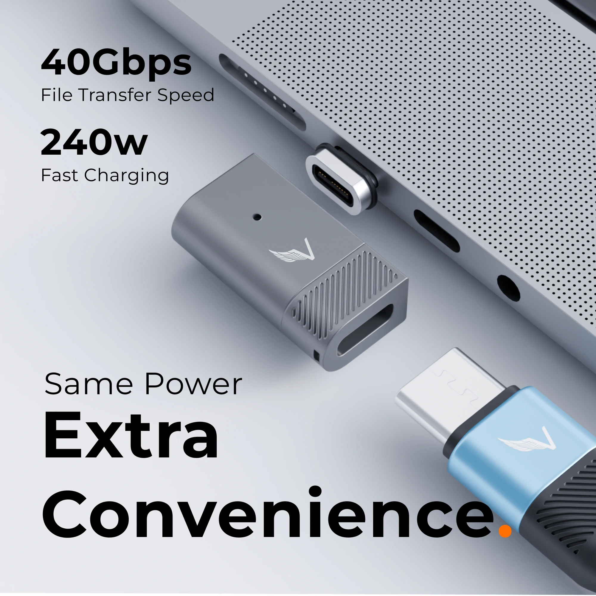 Volta R-Mag with Volta Zero charging cable and text highlighting file transfer speed and fast charging on a gray background
